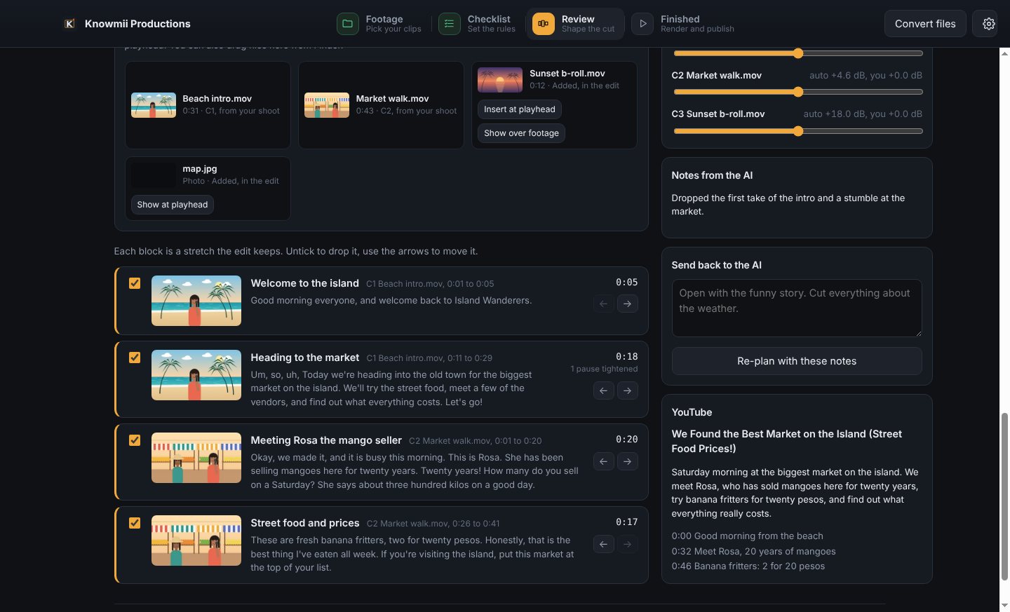 The review screen: four kept blocks with thumbnails and transcript text, notes from the AI, and the YouTube title, description and chapters it wrote.