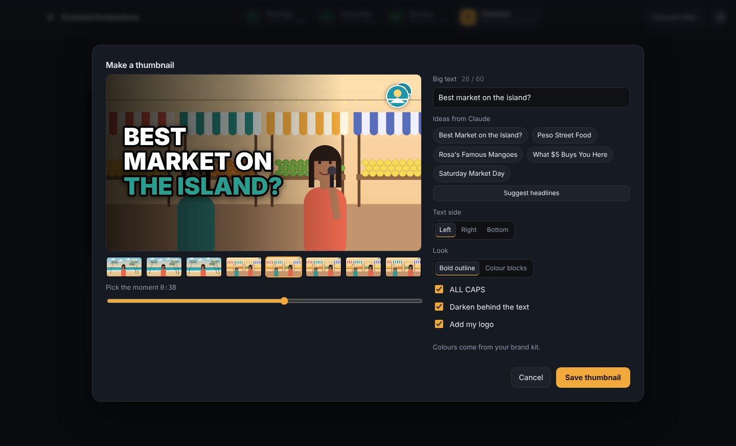 The thumbnail maker: a frame from the market with the headline BEST MARKET ON THE ISLAND? and headline ideas from Claude.